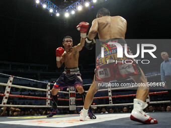 Quezon City, Philippines - Donnie Nietes of the Philippines (L) throws a punch against Gilberto Parra of Mexico (R) during their WBO World J...