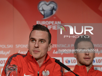 (L-R) Arkadiusz Milik and Grzegorz Krychowiak, members of the Polish football team, during the pre-match press conference, ahead of the Euro...