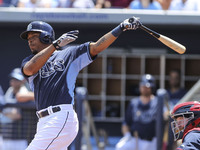 Tampa Bay Rays left fielder Desmond Jennings (8) bats against Boston during the fourth inning of a Spring Training game Saturday, March 28,...