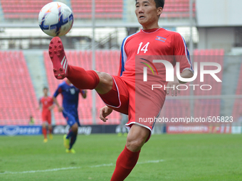 Yun IL Gwang of DPR Korea in actions during the AFC U-23 Championship 2016 qualifiers round at Rajamangala Stadium in Bangkok, Thailand on M...