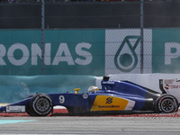 Swedish Marcus Ericsson of Sauber F1 Team car stop in a gravel during the Malaysian Formula One Grand Prix at Sepang International Circuit (...