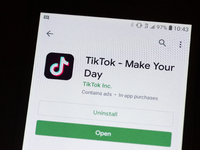 A TikTok logo is seen on a mobile device in Mountain View, California on November 2, 2019 as a photo illustration. The U.S. government organ...