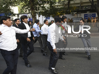 Lawyers march towards India Gate from the Supreme Court premises as they protest against Delhi Police on 4 November 2019 in New Delhi, India...