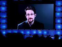Freedom of the Press Foundation President Edward Snowden speaks live from Russia during the annual Web Summit technology conference in Lisbo...