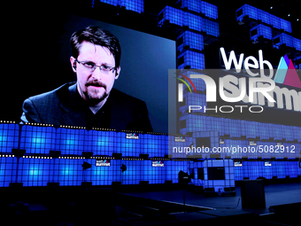Freedom of the Press Foundation President Edward Snowden speaks live from Russia during the annual Web Summit technology conference in Lisbo...