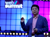 Huawei Rotating Chairman Guo Ping during the annual Web Summit technology conference in Lisbon, Portugal on November 4, 2019. Some 70,000 pe...