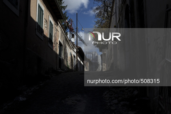 Damaged buildings on March 31, 2015, in L'Aquila. The sixth anniversary of the L'Aquila earthquake will be marked on 06 April 2015, commemor...