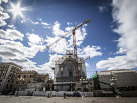 Santa Maria del Suffraggio's church under reconstruction in L'Aquila, on March 31, 2015. The sixth anniversary of the L'Aquila earthquake wi...