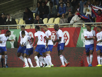Cape Verdean players celebrating the goal during the Portugal vs Serbia friendly football match at Antonio Coimbra da Mota stadium in Estori...