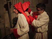 Penitents of Cofradia del Cristo de la Paciencia during the Holy Week in Santiago de Compostela on March 31, 2015
 (