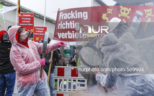 Different Organizations demonstrate in front of the German Chancellery Against Fracking in Berlin, Germany on April 01, 2015. 