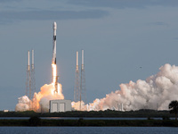 A SpaceX Falcon 9 rocket lifts off from Cape Canaveral Air Force Station carrying 60 Starlink satellites on November 11, 2019 in Cape Canave...