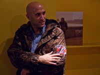 Graham Phillips wearing his Donetsk People's Republic jacket for the last time being it goes on aution. - Pro Russian British journalist Gra...