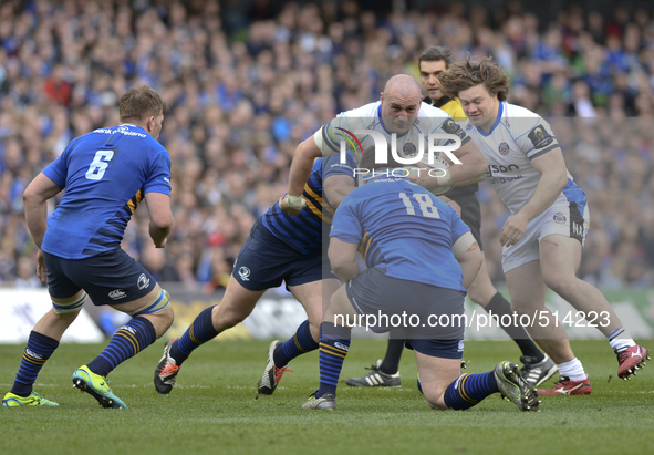 Bath's Carl Fearns in action challenged by Leinster's Sean O'Brien, during European Champions Cup Quarter-Final meeting between Leinster Rug...