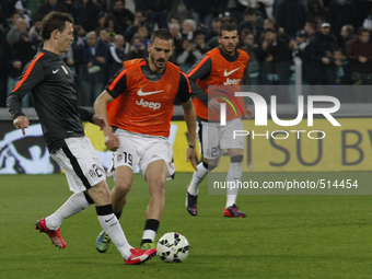 Stephan Lichtsteiner and Leonardo Bonucci before the Serie A match between Juventus FC and Empoli at Juventus Stafium  on April 4, 2015 in T...