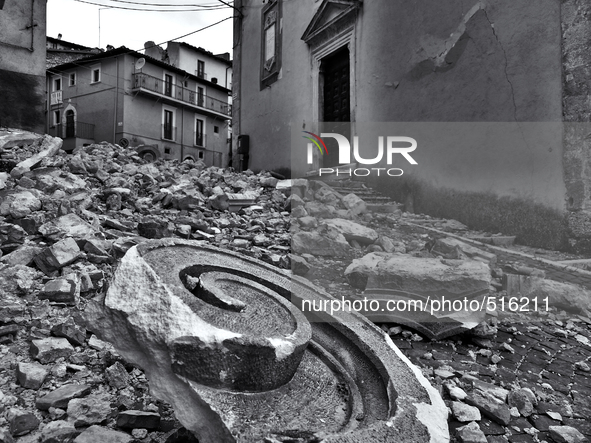 Destruction and desolation caused by the earthquake in the streets of the small villages in the province of L'Aquila, in Casentino Abruzzo,...