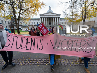 Higher and further education staff and students take part in a protest march at University College London (UCL) campus in support of univers...