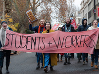 Higher and further education staff and students take part in a protest march outside University College London (UCL) buildings in support of...