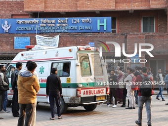 An ambulance carries the people who were injured in the fire incident at Anaj Mandi in Delhi on 08 December 2019. 43 killed as massive blaze...