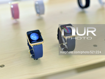 Different models of the Apple Watch are displayed in the Apple Store in Melbourne, Australia on April 12, 2015. Apple on April 10 held in-st...