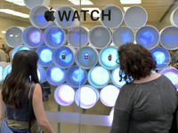 Different models of the Apple Watch are displayed in the Apple Store in Melbourne, Australia on April 12, 2015. Apple on April 10 held in-st...