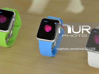 Samples of the Apple Watch are seen on display at the Apple Store of Ginza shopping district in Tokyo, Japan, 10 April 2015. Customers can t...