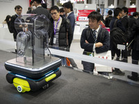 Autonomous Transporting Robot stands on display at the International Robot Exhibition 2019 at the Tokyo Big Sight on December 18, 2019 in To...