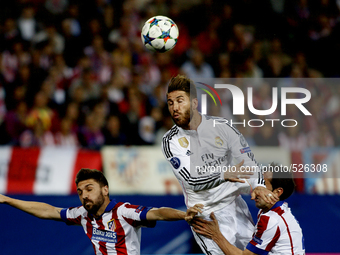 SPAIN, Madrid:Atletico de Madrid's Uruguayan Defender Diego Godin and \Real Madrid´s Spanish Defender Sergio Ramos during the Champions Leag...