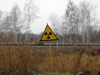 A  radiation sign is seen in Chernobyl, Ukraine, on 25 December, 2019. The Chernobyl disaster on the Chernobyl nuclear power plant occurred...