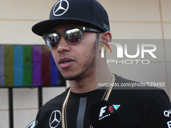 Lewis Hamilton talking to press conference in Manama on April 16, 2015, ahead of the weekend's Bahrain Formula One Grand Prix at the Sakhir...