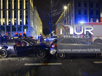 A BMW and a Citroen car are seen after having collided with multiple cars in Warsaw, Poland on January 8, 2020. Four cars crashed into each...