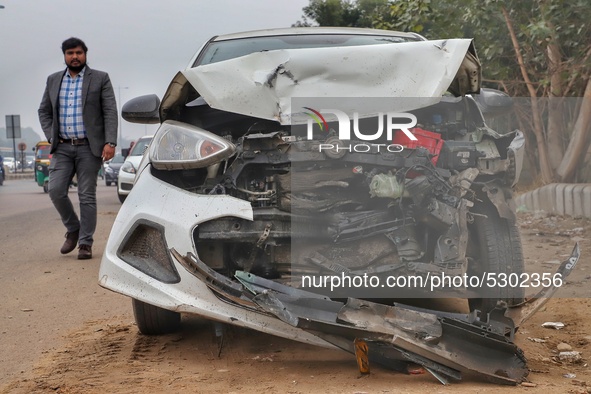 A car met with an accident on Delhi - Jaipur highway in Gurugram,  Haryana on 10 January 2020 
