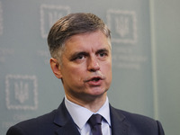 Ukraine's Foreign Minister Vadym Prystaiko answers questions of journalists during a briefing about the Boeing 737 airplane crash in Iran, i...