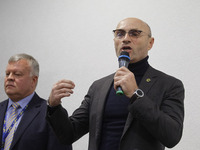 Ukraine International Airlines (UIA) President Yevhenii Dykhne (R) and Vice-President for Flight Operations Ihor Sosnovskyi (L) speaks durin...