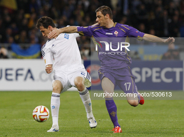 Joaquin (R) of Fiorentina vies for the ball with Danilo Silva (L) of Dynamo during the UEFA Europa League quarter final first leg soccer mat...
