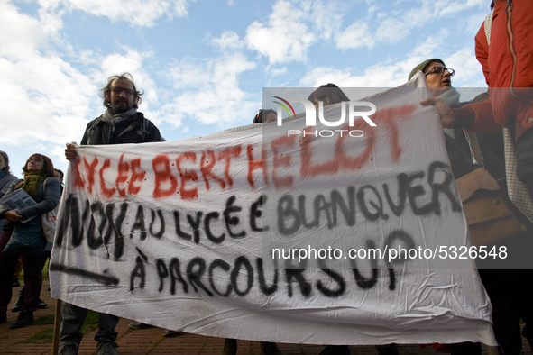The banner reads 'No the Blanquer's highschool and to Parcour'Sup'. High school teachers gathered in front of the Board of Education of Haut...