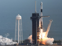 January 19, 2020 - Kennedy Space Center, Florida, United States - A SpaceX Falcon 9 rocket carrying the Crew Dragon spacecraft lifts off fro...