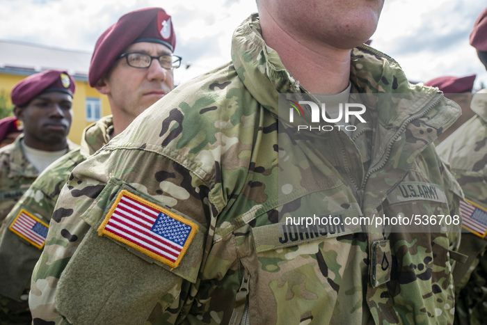 US soldiers during opening ceremony Ukrainian-US Exercise Fearless Guardian at International peacekeeping and security centre, on April 20,...
