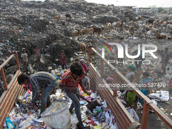 Indians look for recyclable material at a dumping site on the eve of World Earth Day in Guwahati in the Northeastern Assam state on April 21...
