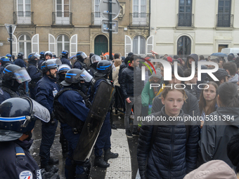 Students opposed to the implementation of the baccalaureate reform (E3C) organized a blockade at the Lycee Guist'hau in front of their estab...