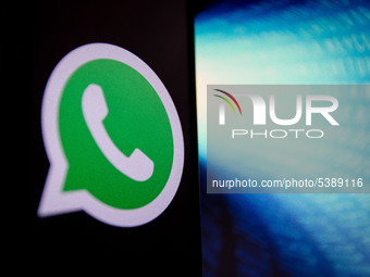 In this photo illustration a WhatsApp logo is displayed on a smartphone on 1st February 2020 in Athens, Greece.  (