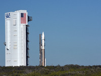  A United Launch Alliance Atlas V 411 rocket with the Solar Orbiter payload rolls out from the vertical integration facility to pad 41 at Ca...