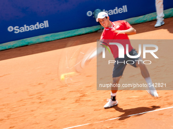 Kei Nishikori returns the ball tightly during the Open Banc Sabadell, 63 Trofeo Conde de Godó in Barcelona on April 23, 2015 (