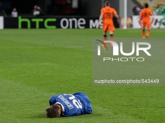 Valeriy Luchkevych of Dnipro lays on the ground after the fall of Brugge during the UEFA Europa League quarter final second leg soccer match...