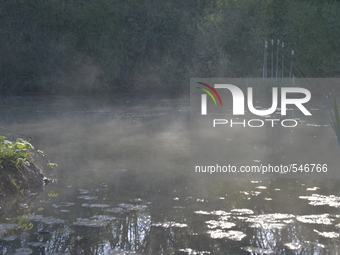An early morning mist rising from the pond of the Heaton Mersey Common on Sunday 26th April 2015. -- The early morning light of Sunday 26th...