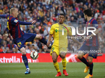 BARCELONA, SPAIN - APRIL 28: Jeremy Mathieu and Freddy during the match of the week 34 of the spanish league, between FC Barcelona and Getaf...