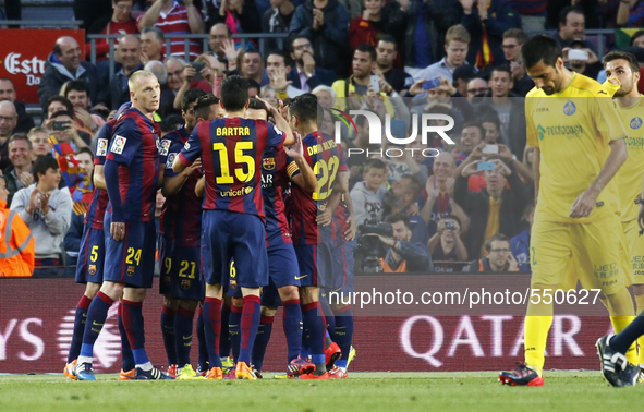 BARCELONA, SPAIN - APRIL 28: FC Barcelona players celebration during the match of the week 34 of the spanish league, between FC Barcelona an...