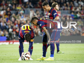 BARCELONA, SPAIN - APRIL 28: Leo Messi, Neymar Jr. and Adriano during the match of the week 34 of the spanish league, between FC Barcelona a...
