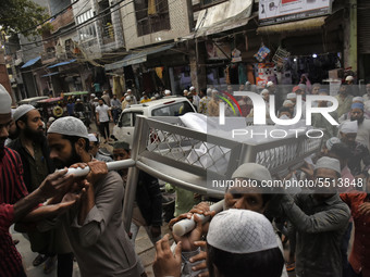 Indian muslims carry the dead body of Bhure Ali during his funeral in Mustafabad area of east Delhi, India on 04 March 2020. Ali, a labourer...