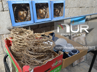 Replicas of the Crown of Thorns see for sale along the Via Dolorosa Street, a processional route in the Old City of Jerusalem, believed to b...